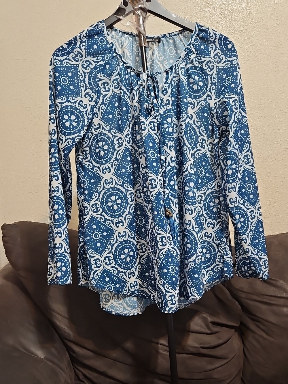 Blue Medallion Tie-Neck Blouse by Daniel Rainn